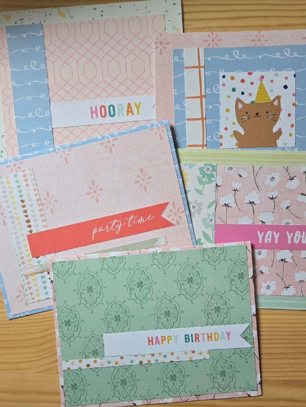 Handmade Happy Birthday Pastel Greeting Card Set - Pink, Green, Blue